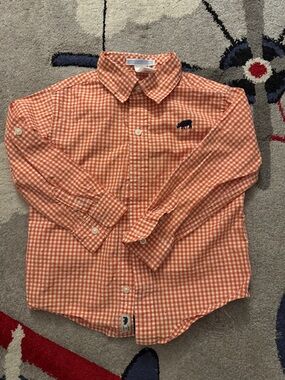 Janie and Jack Orange Gingham Button-Down Shirt with Navy Bear Embroidery